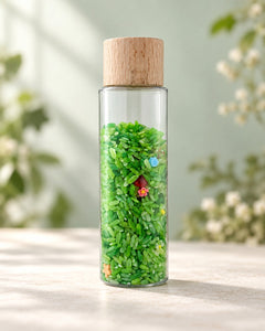 Bouteille sensorielle Jardin enchanté : du riz vert et de petites fleurs