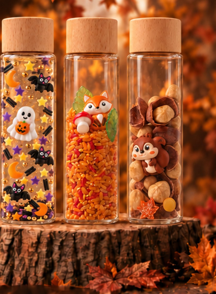 Le pack d'automne : bouteilles Halloween, Renard et Noisette posées sur un rondin