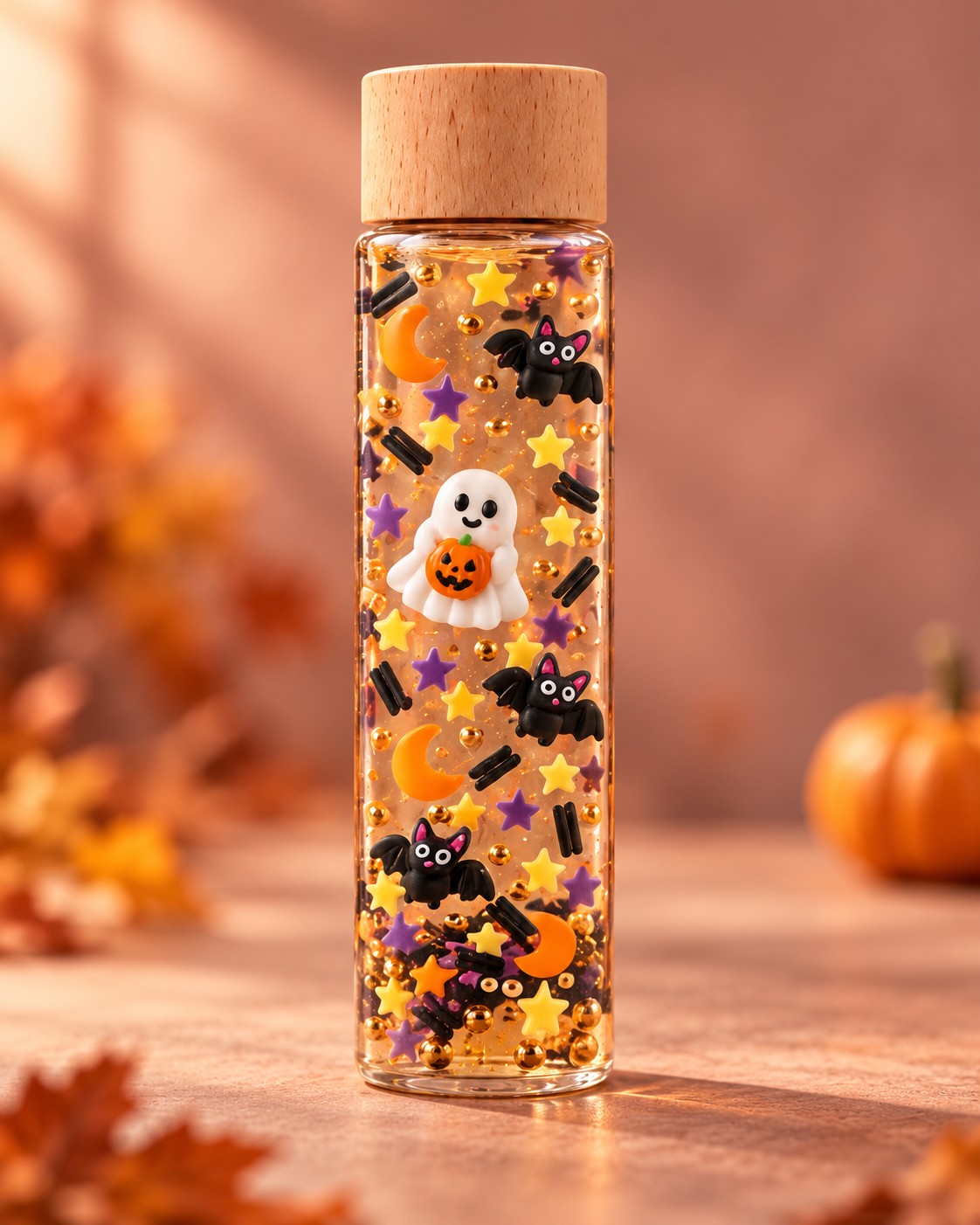 Bouteille sensorielle Halloween : un fantôme à la citrouille, des chauves-souris, des lunes et des étoiles