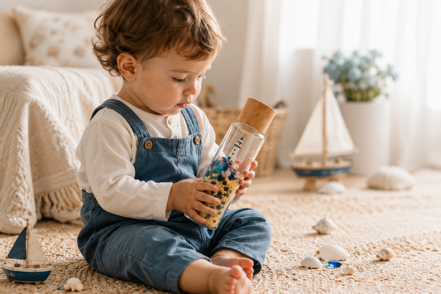 Bébé jouant avec une bouteille sensorielle