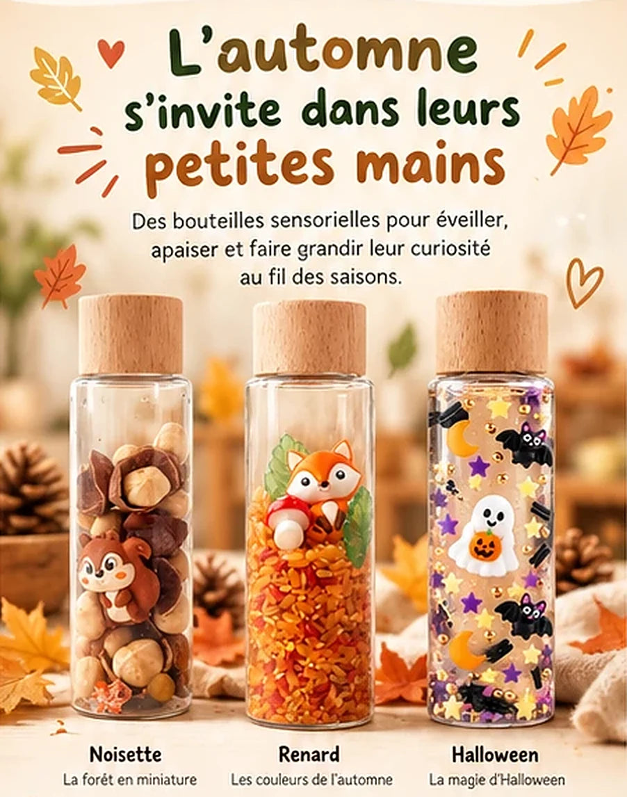 Trois bouteilles sensorielles d'automne : Noisette, Renard et Halloween