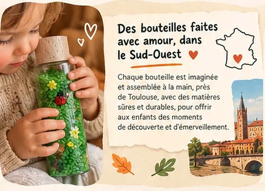 Un enfant tient une bouteille sensorielle verte ; carte de France et vue de Toulouse